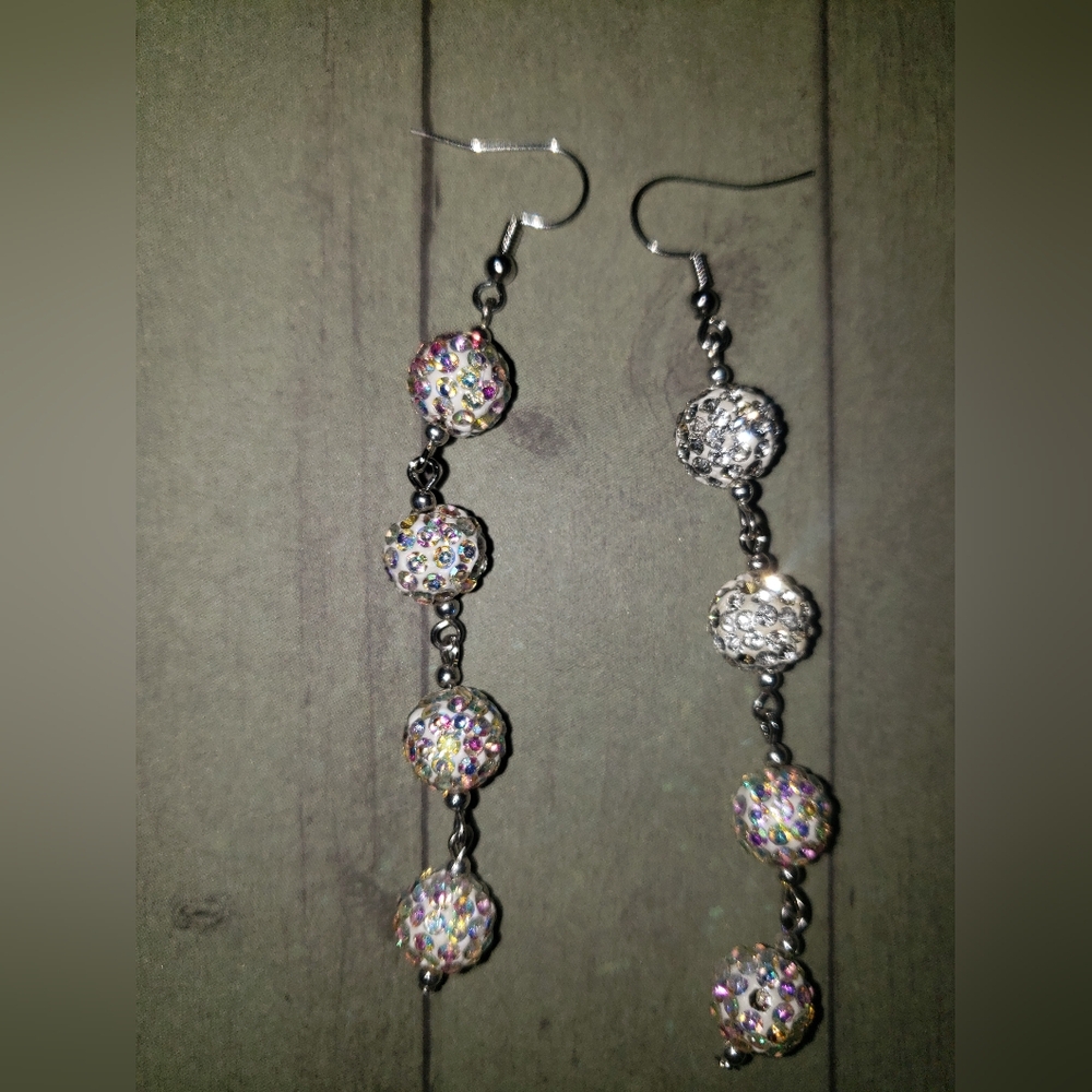 Long white sparkle dangle earrings handmade